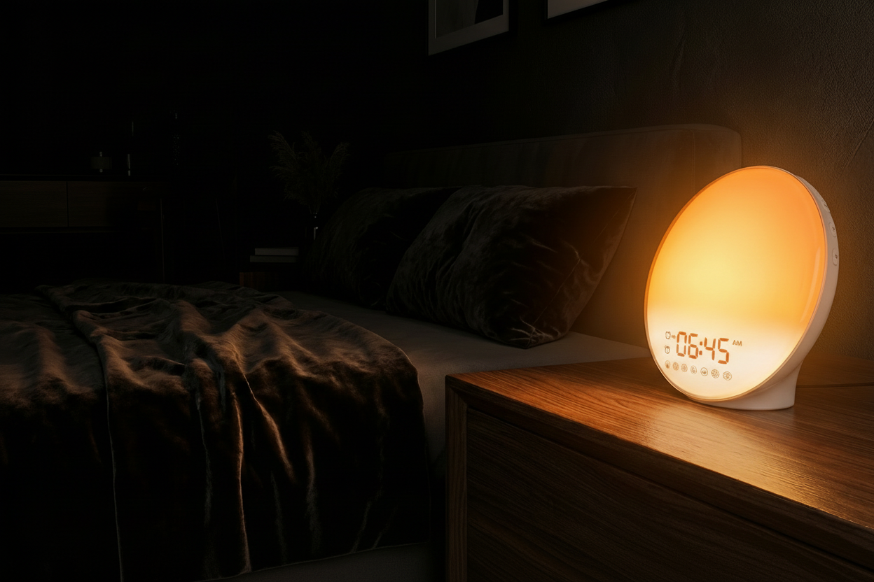 Digital clock on a bedside table in a dimly lit bedroom